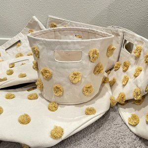 Set of 7 Pehr Cotton Bins Baskets with Marigold Yellow Pom Poms